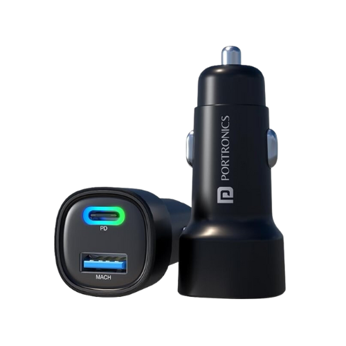Portronics Dual Output Fast Car Charger with 30W Type-C PD & 30W USB, LED Indicator, Charging Adapter Compatible with Cars for iPhone & Android Smartphone, Smartwatch, Earbud, Power Bank (Black)